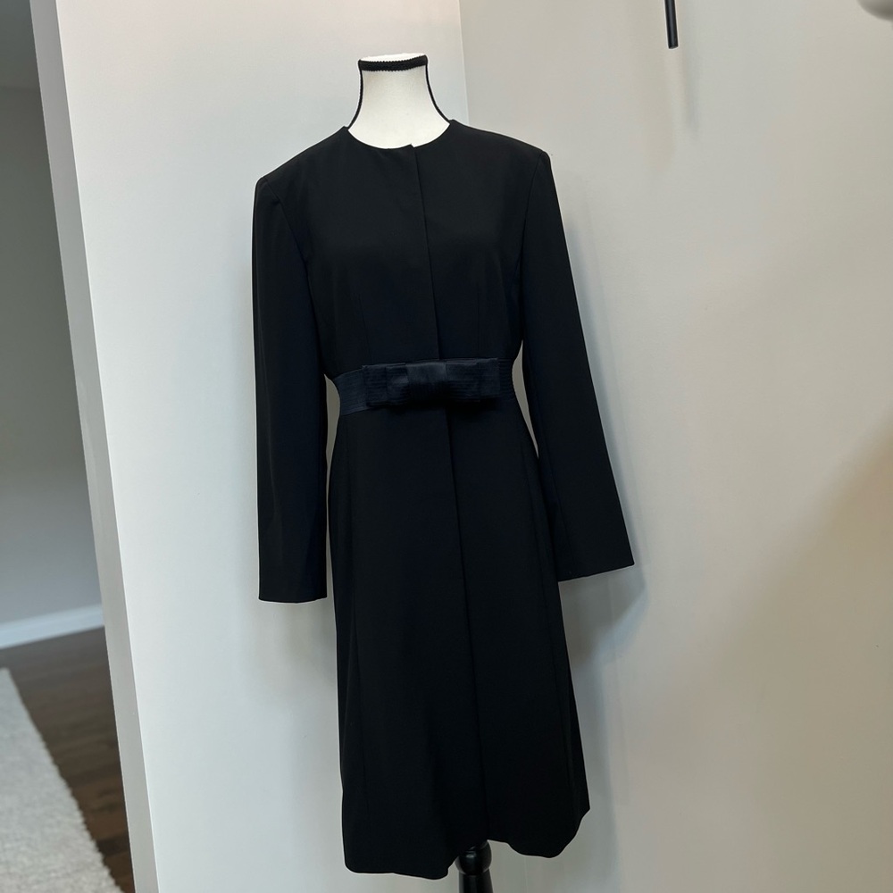 Celine Black Long-Sleeve Dress Coat with Waist Bow